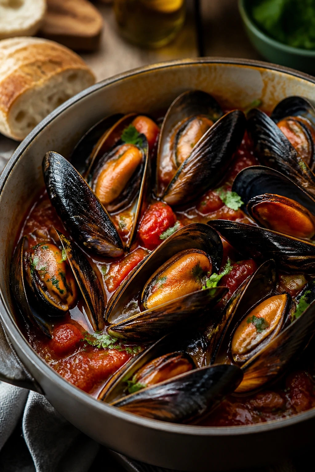 Close-up of mussels in tomato-garlic broth in a rustic pot with bread