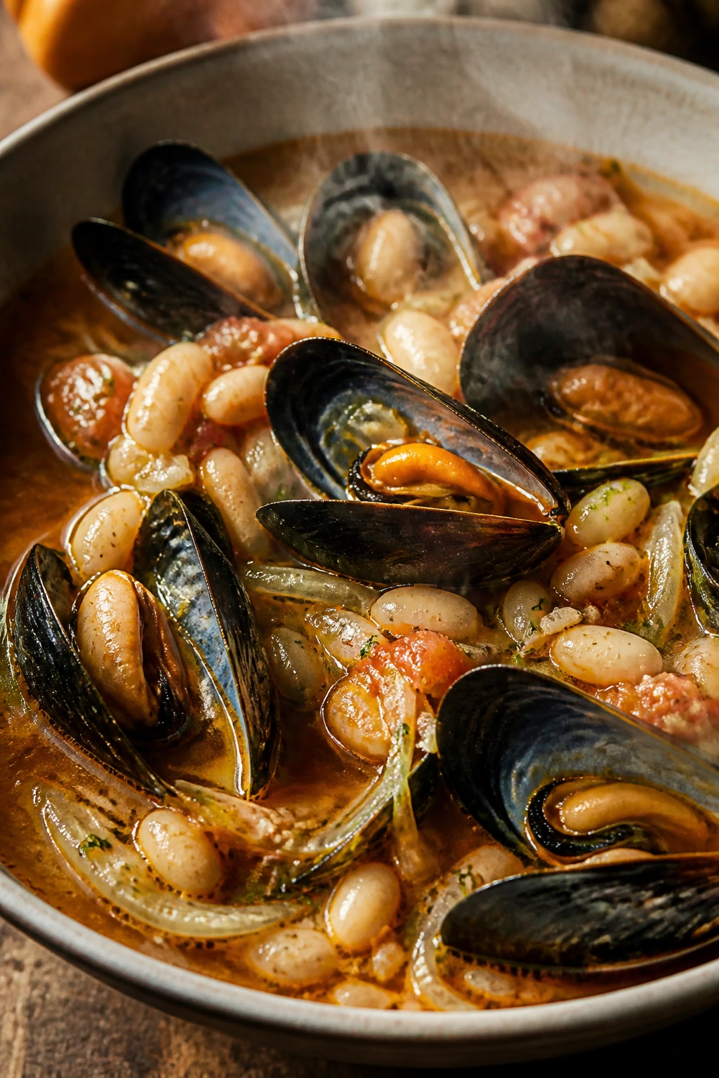Close-up of mussels in broth with white beans in a rustic bowl