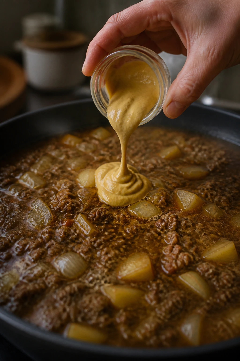 Close-up of hand pouring Dijon mustard into simmering skillet