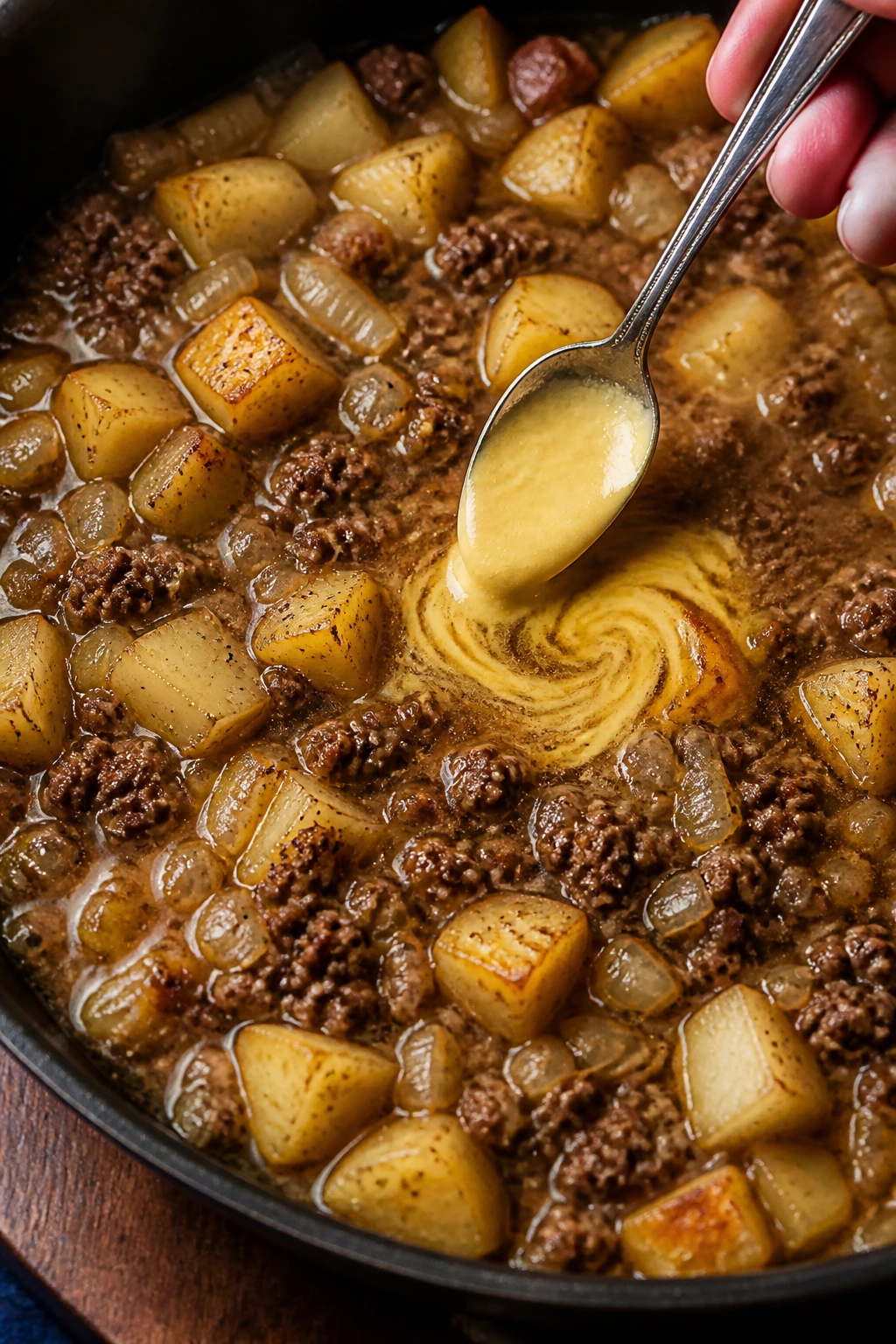 Skillet with simmering beef and potatoes and a Dijon mustard swirl in the broth