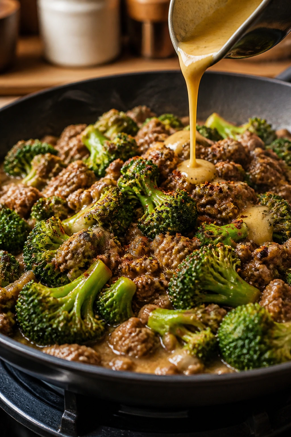 Skillet of hamburger broccoli with mustard drizzle and red pepper flakes