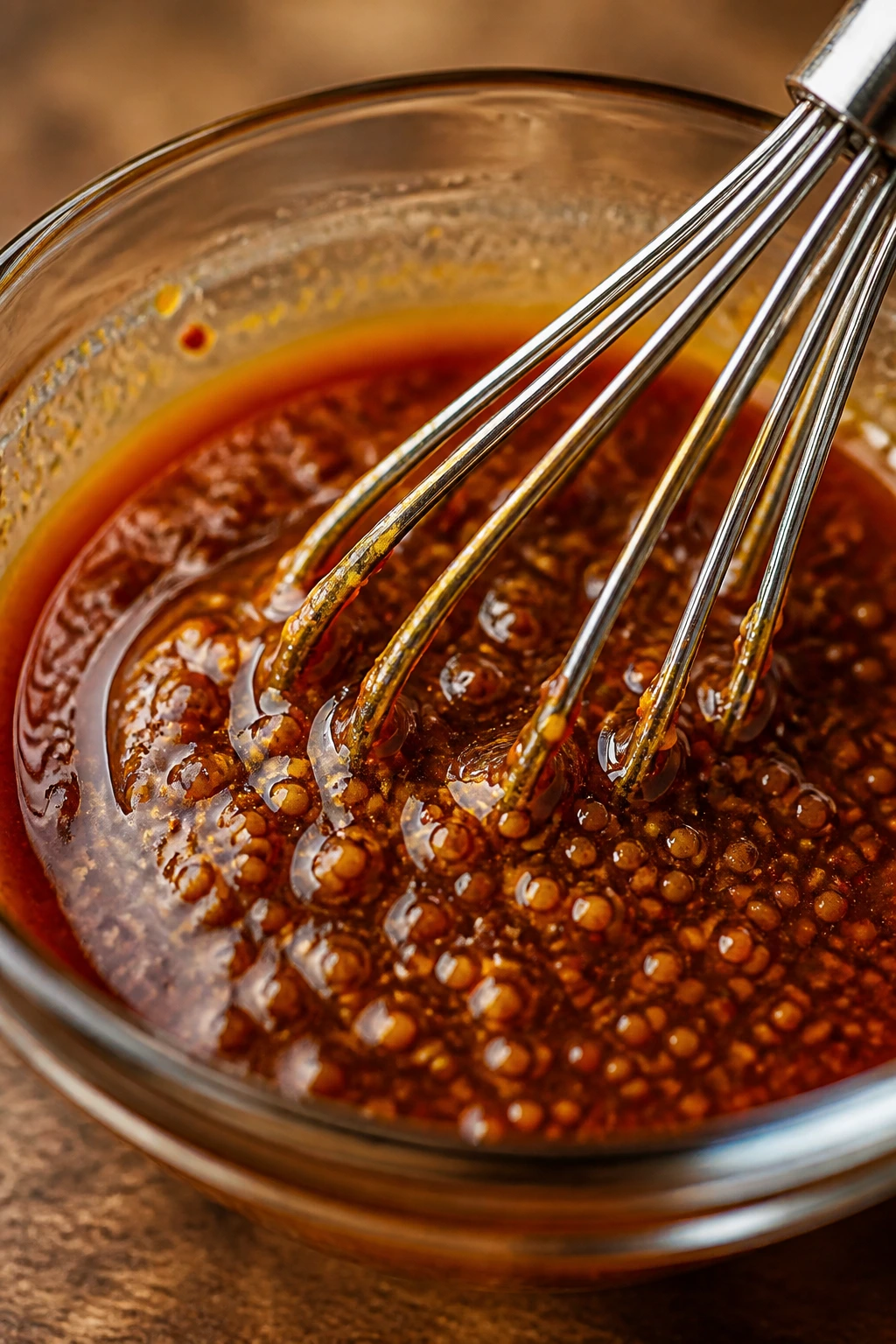 Close-up of glaze with whole grain mustard whisked into a small bowl