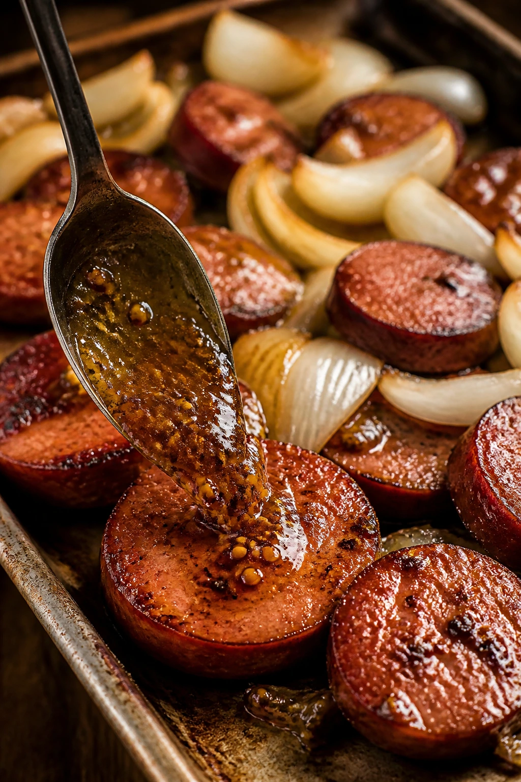Teaspoon brushing glaze with mustard seeds onto sausages