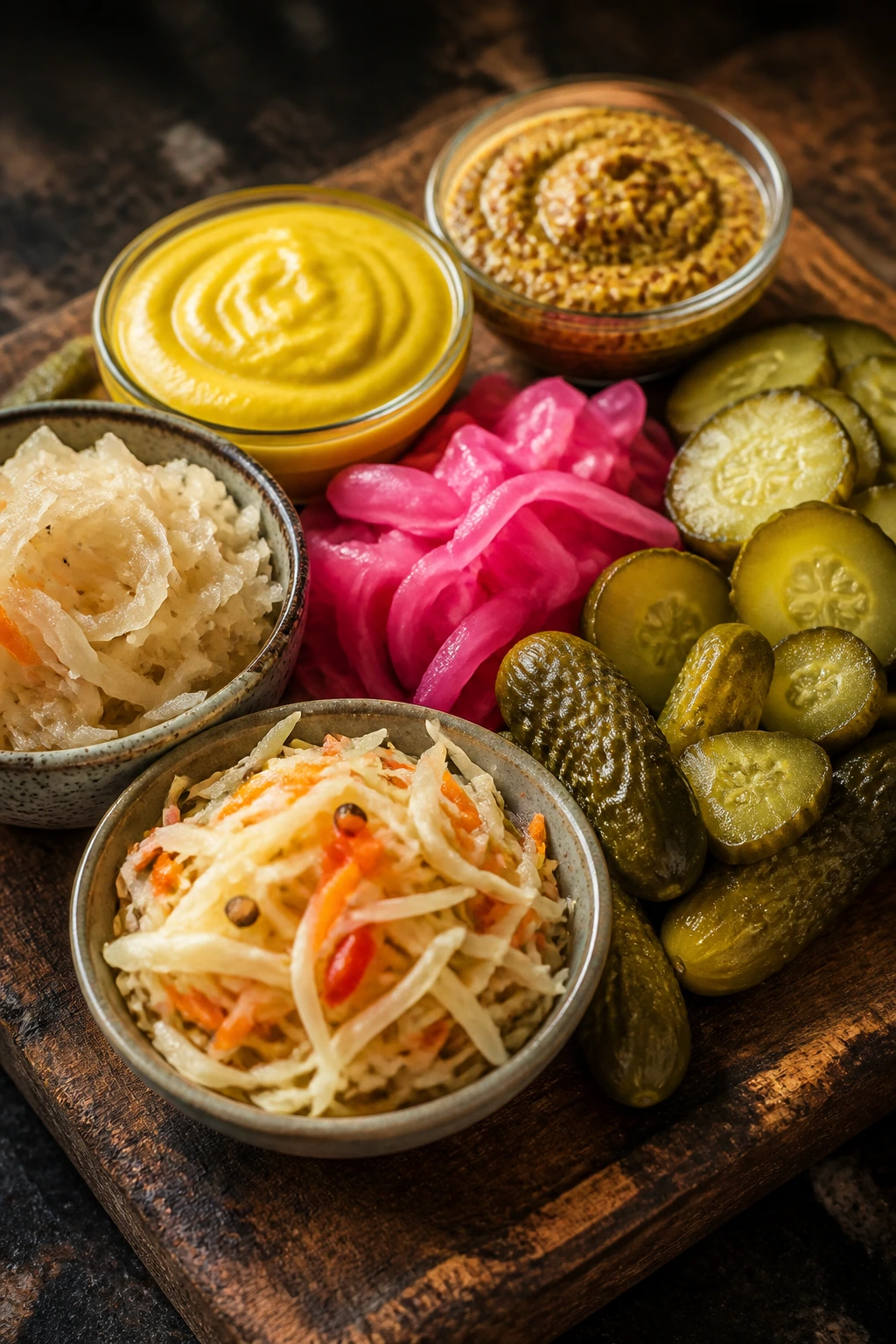 Mustard and pickle condiments on a wooden board