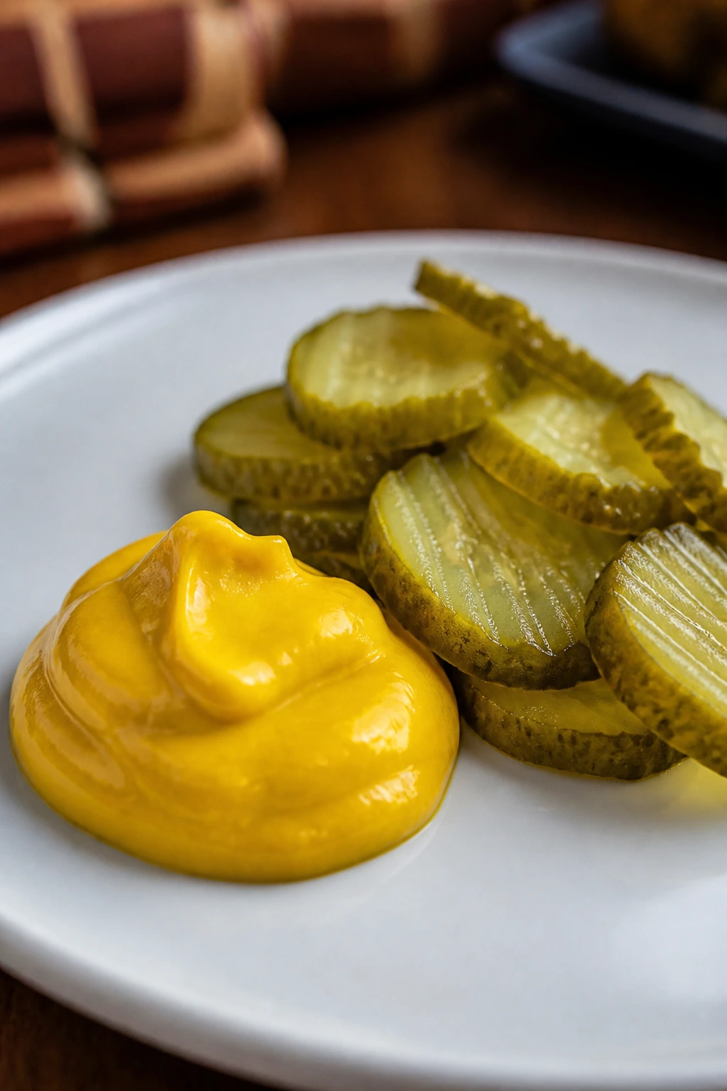 Mustard and pickles on plate, bright yellow mustard with crisp pickle slices
