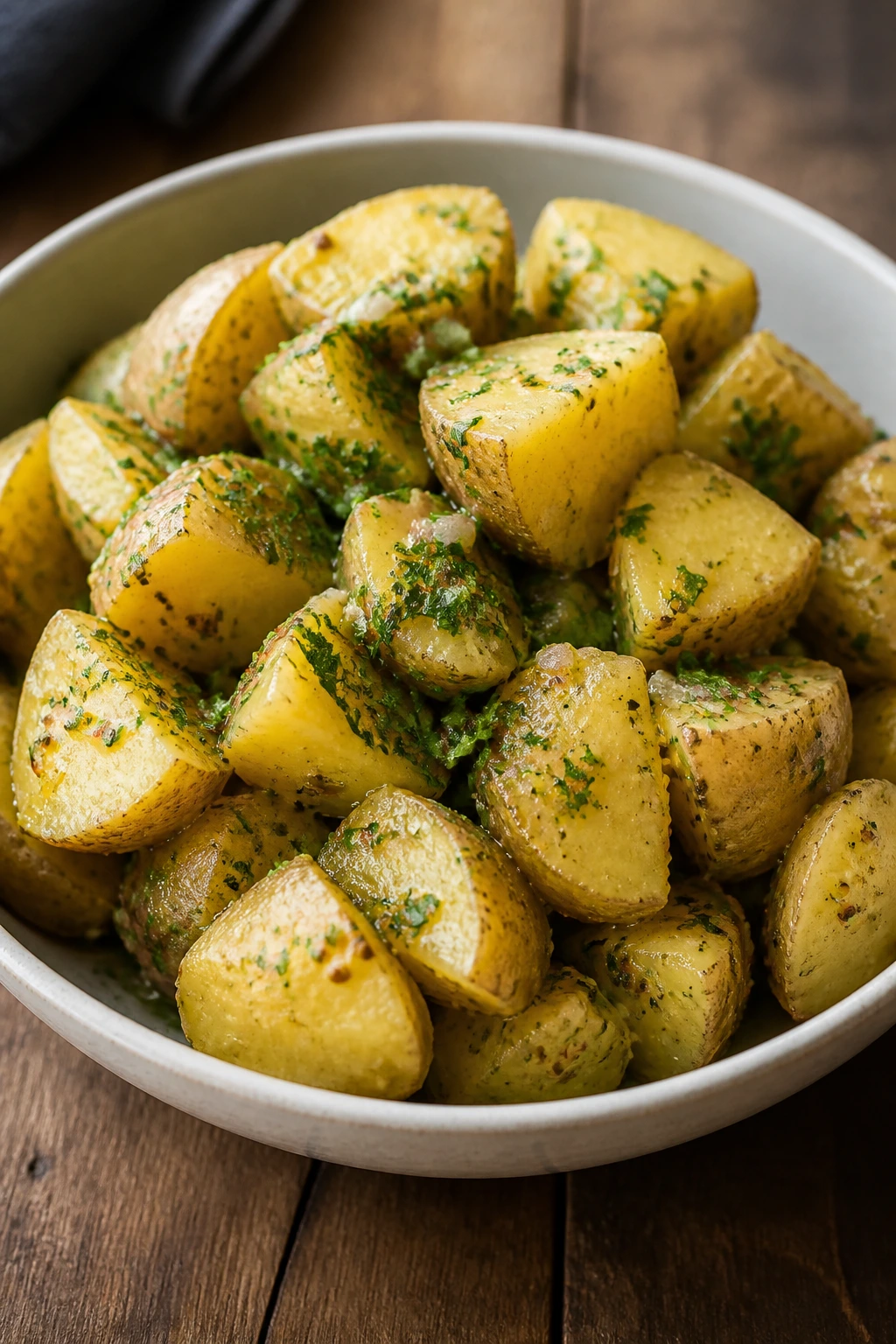 Warm mustard potato salad with parsley in a bowl