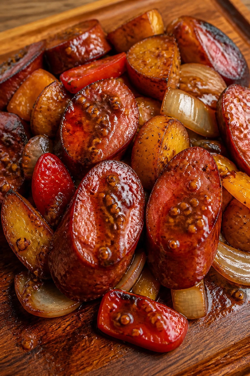 Close-up of glaze with mustard seeds on smoked sausage meal