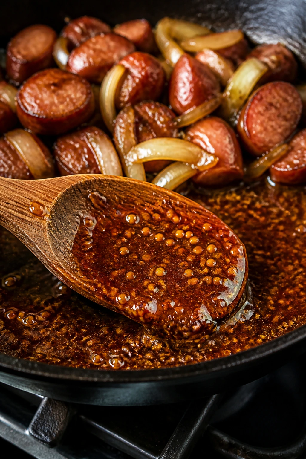 Glaze with visible mustard seeds in a skillet