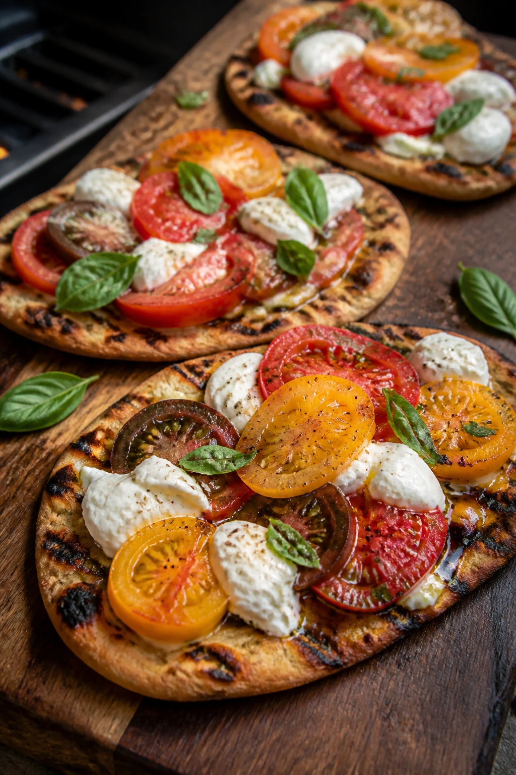 Close-up of grilled naan pizzas topped with burrata and heirloom tomatoes on a wooden board