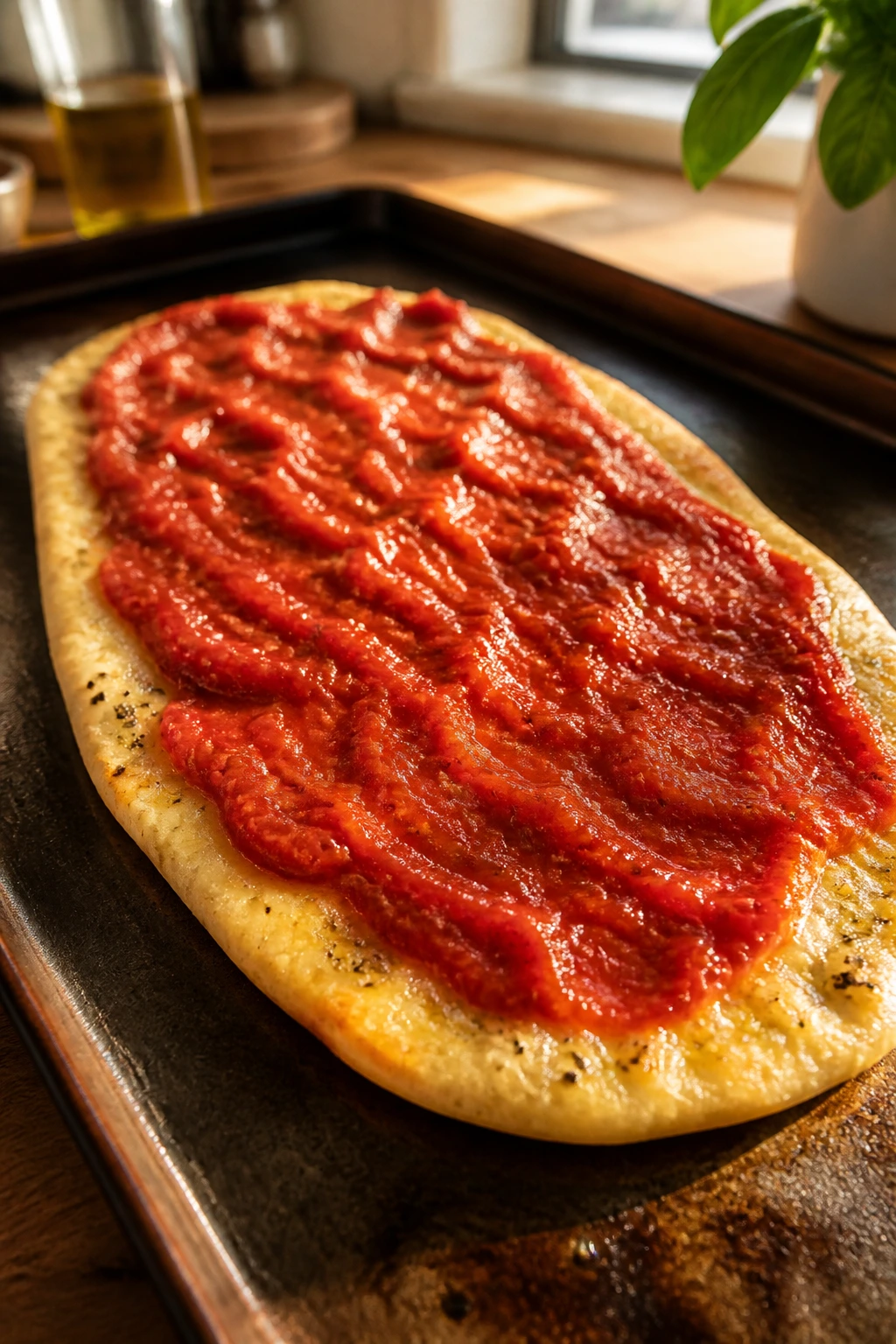 Close-up of naan with thick sauce on a hot baking sheet in a warm kitchen