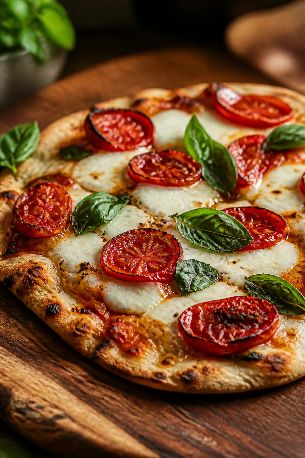 Close-up of naan margherita with blistered tomatoes and melted mozzarella