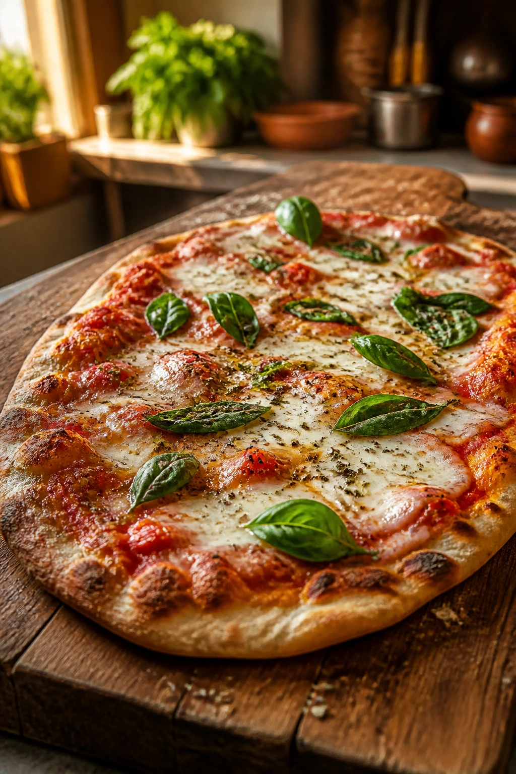 Close-up of naan pizza with tomato sauce, cheese, oregano, and basil on a wooden board