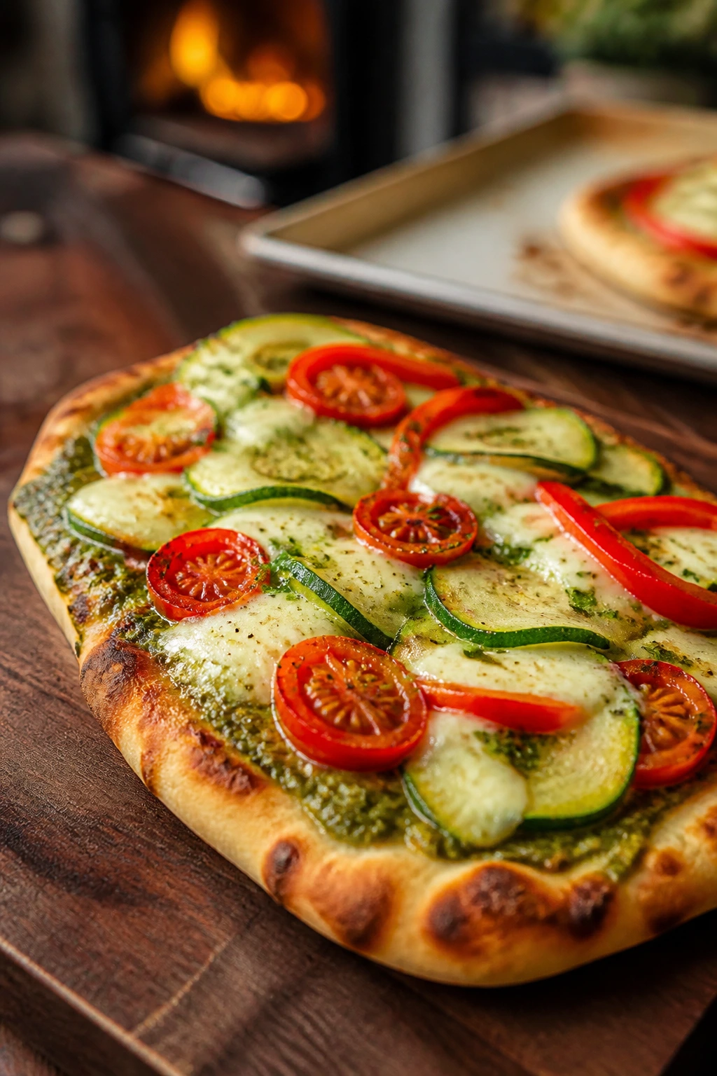 Naan pizza with pesto and colorful vegetables