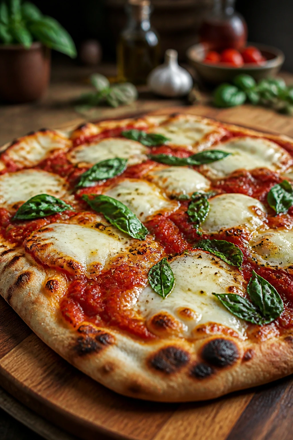 Naan pizza on a rustic board with melted cheese in a warm kitchen