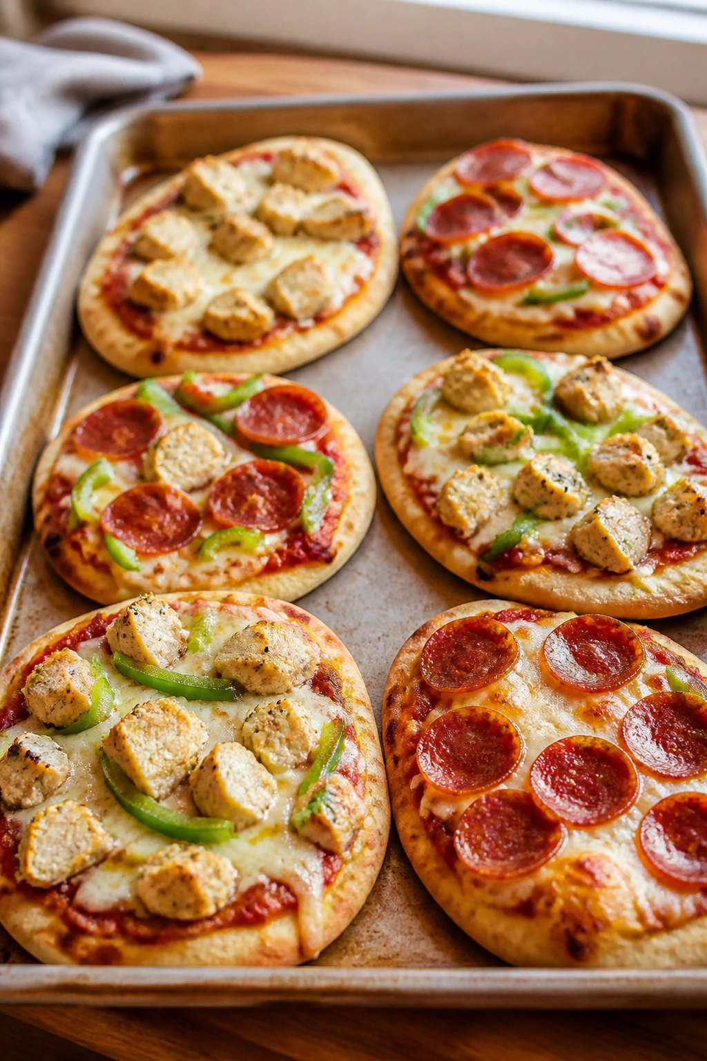 Close-up of naan pizzas on a baking sheet with simple toppings
