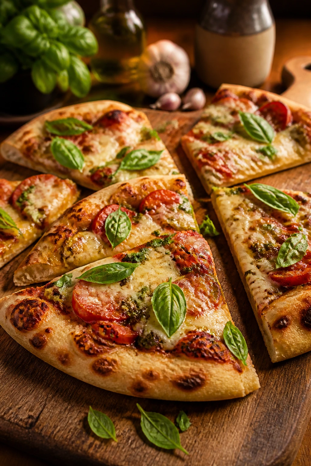 Naan pizza wedges on a warm wooden board with basil on top