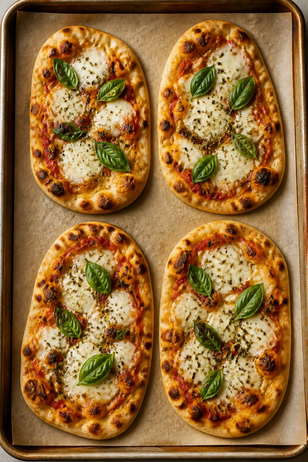 Top-down view of four naan pizzas on a baking sheet ready to bake