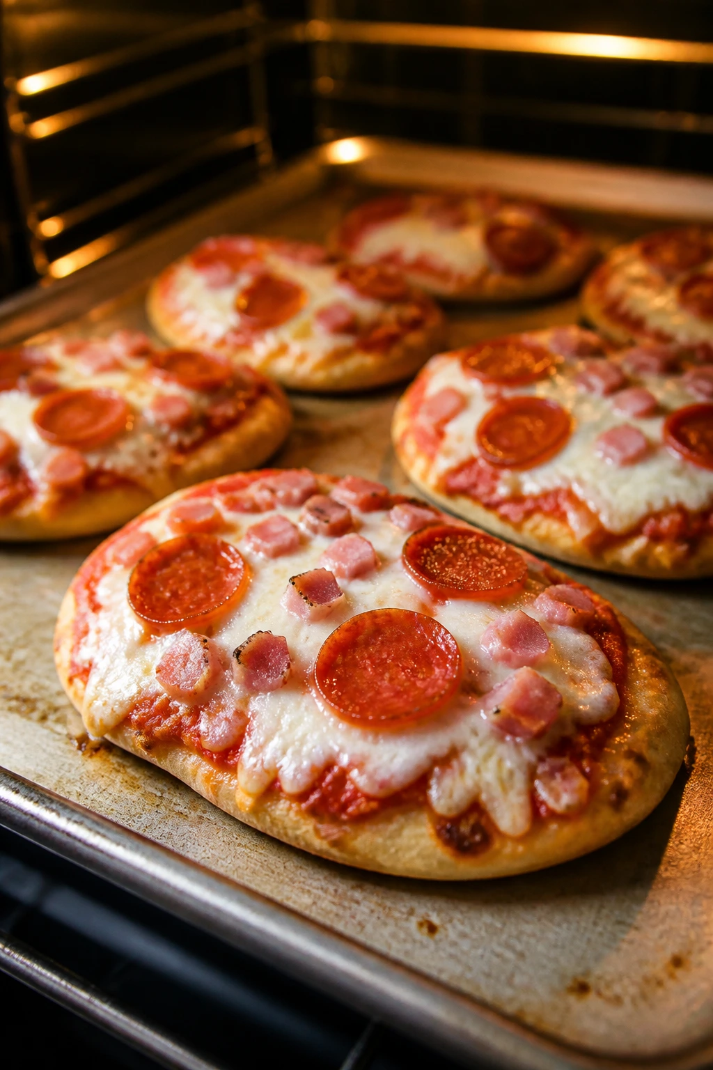 Baking sheet with mini naan pizzas topped with sauce and cheese