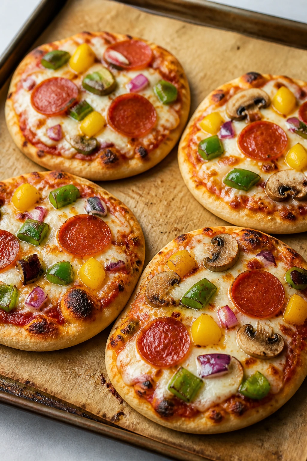 Close-up of four mini naan pizzas with sauce and cheese on parchment
