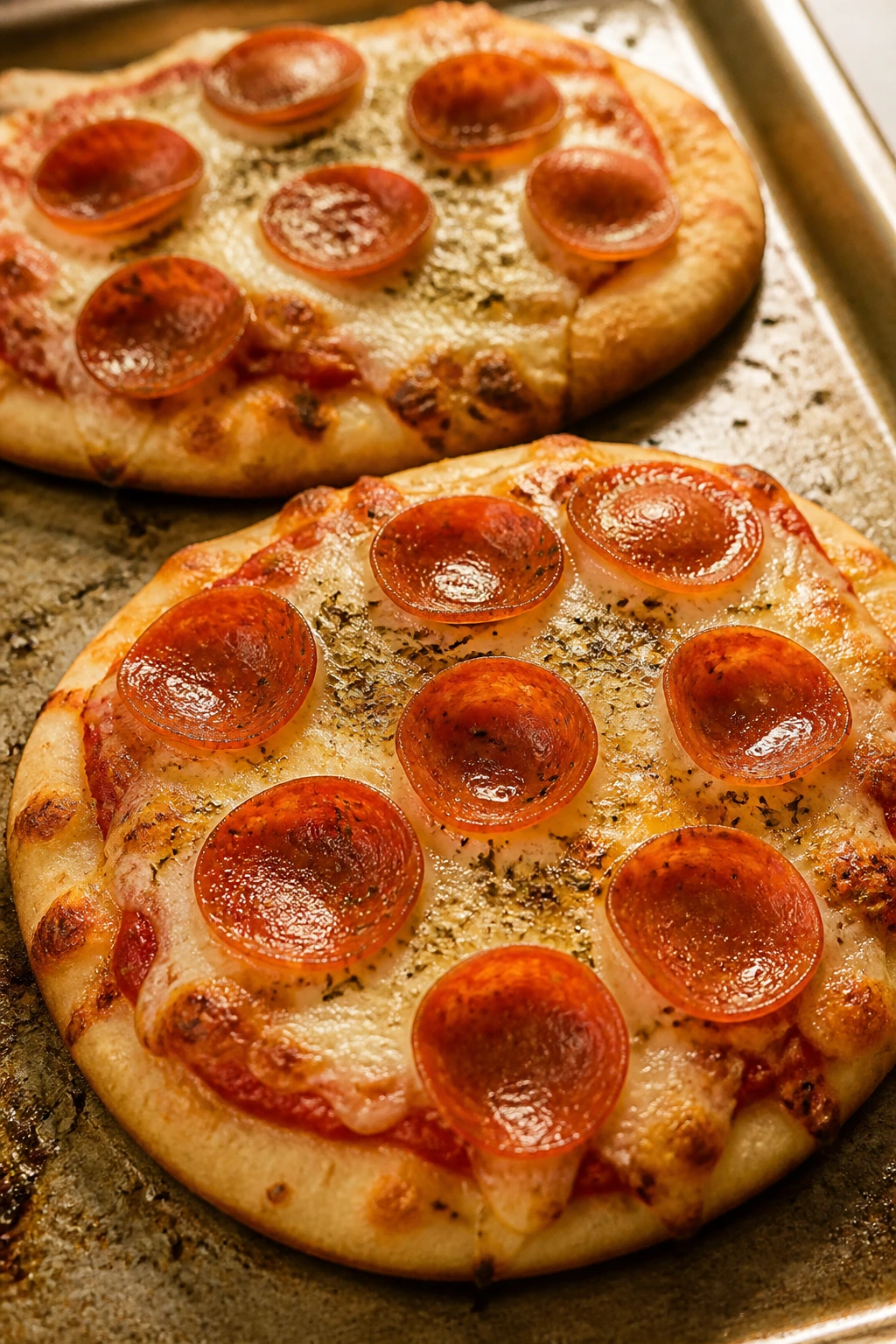 Close-up of mini naan pizzas with pepperoni and melted cheese on a baking sheet.