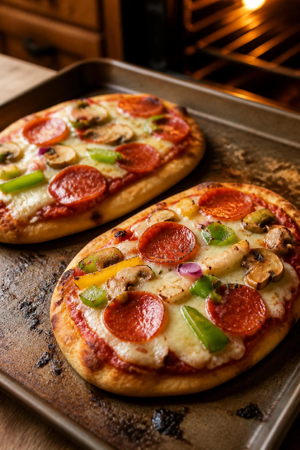 Close-up of personal naan pizzas with cheese and toppings