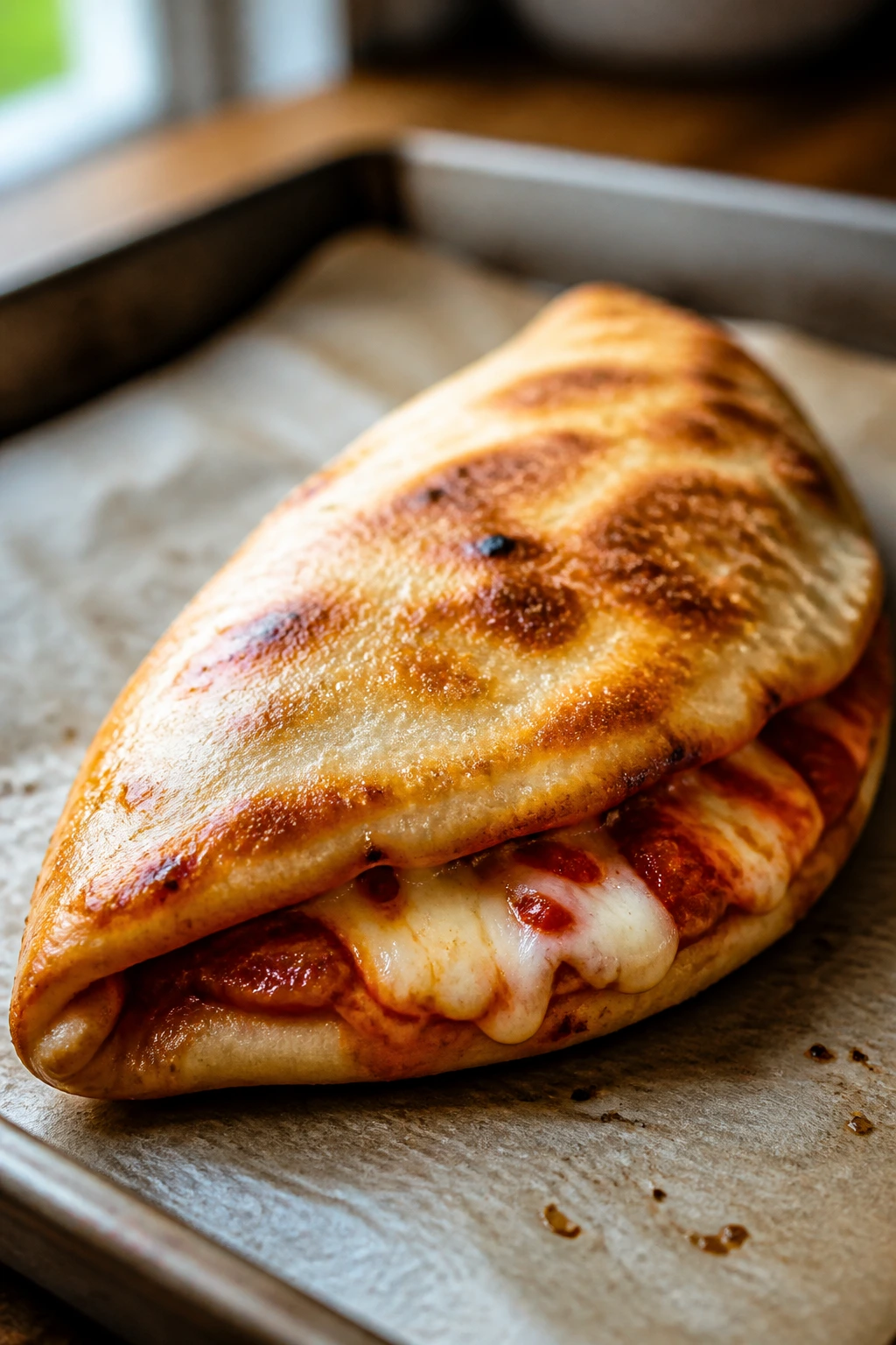 Close-up of naan pizza pocket with melted cheese and sauce showing