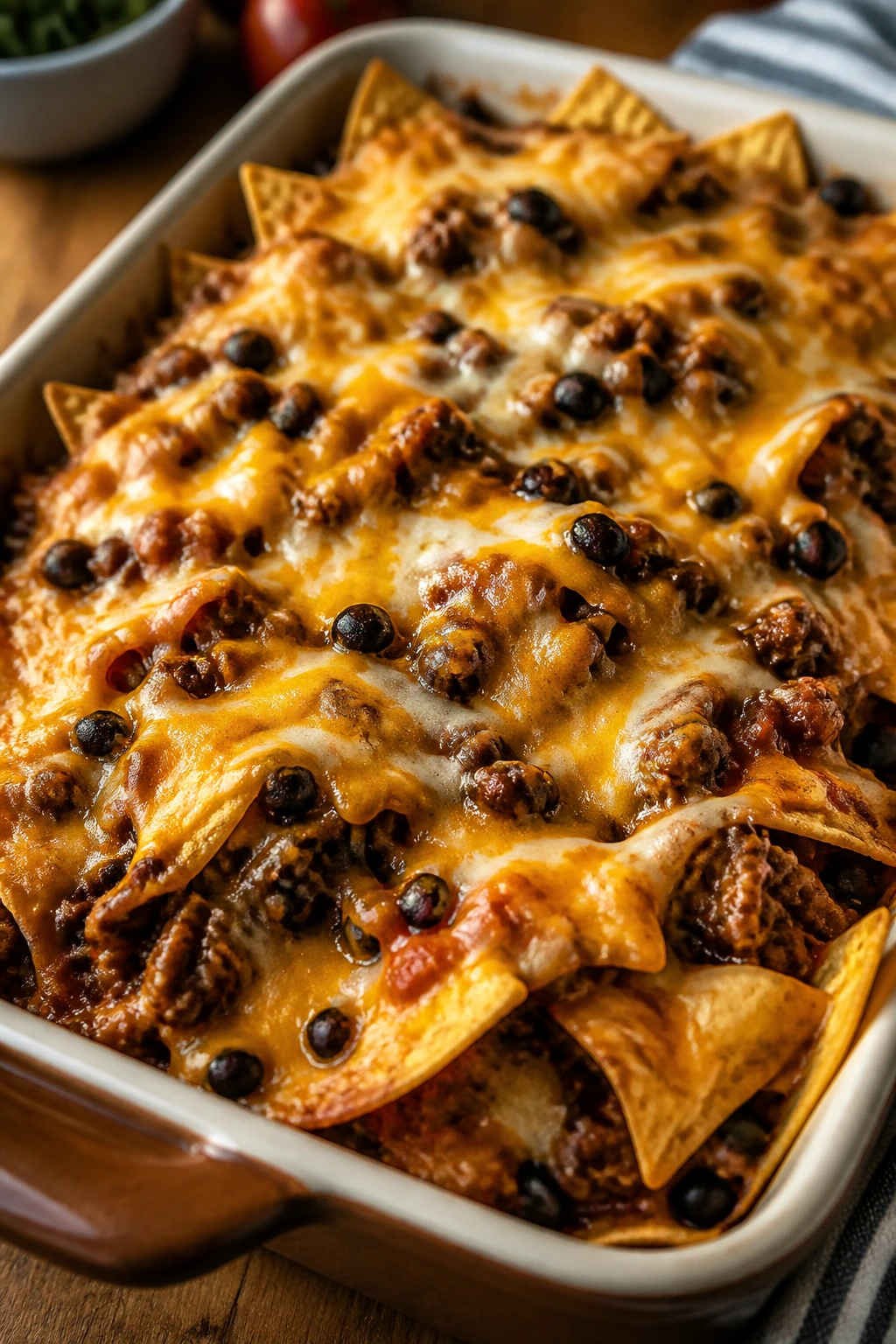Tray of loaded nachos with beef, beans and cheese