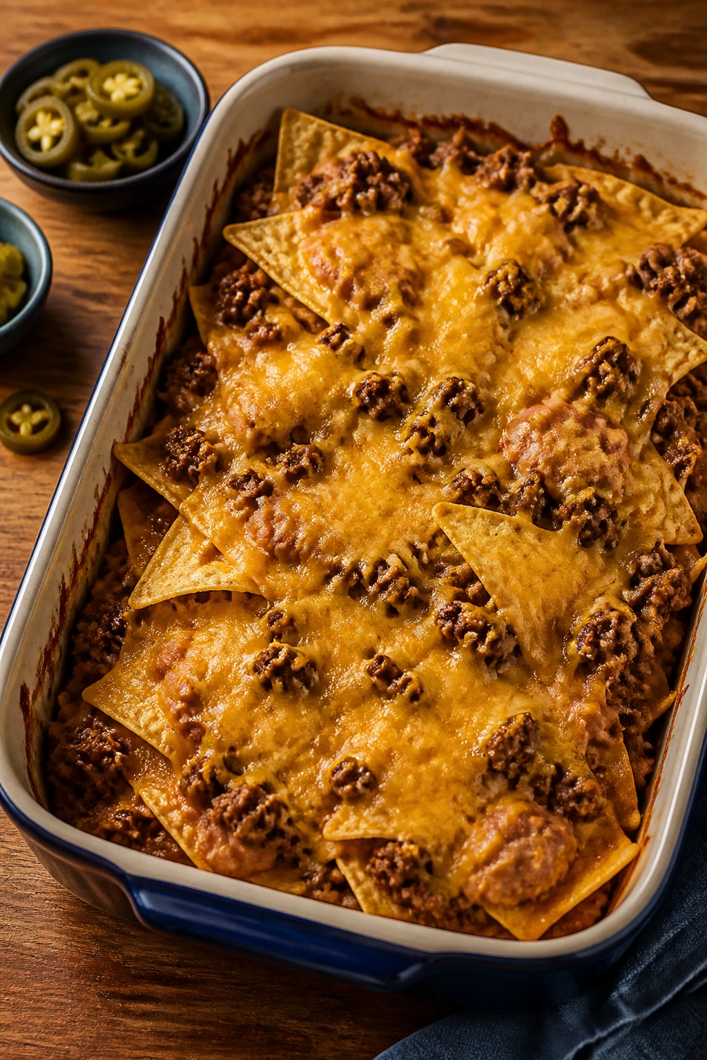 Nacho bake with chips and melted cheese in a dish