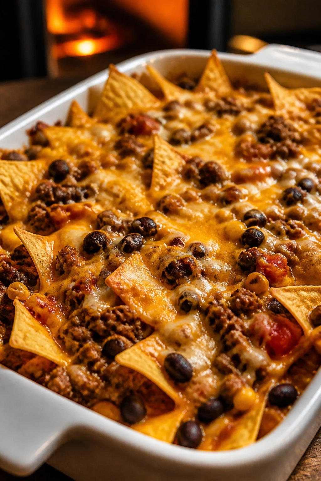 Close-up of loaded nacho bake with beef and cheese