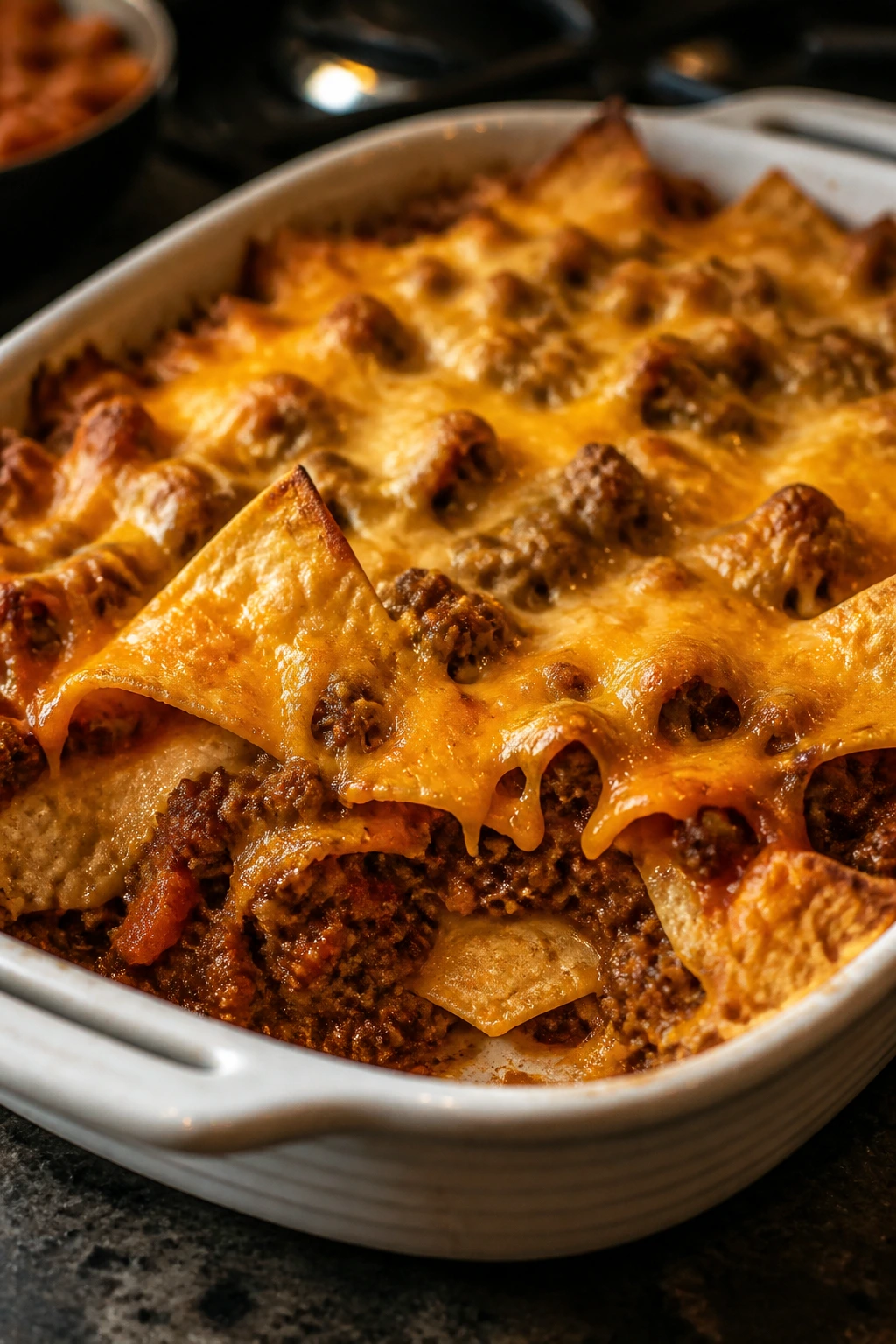 Close-up of beef and sausage nacho casserole with melted cheddar in a baking dish