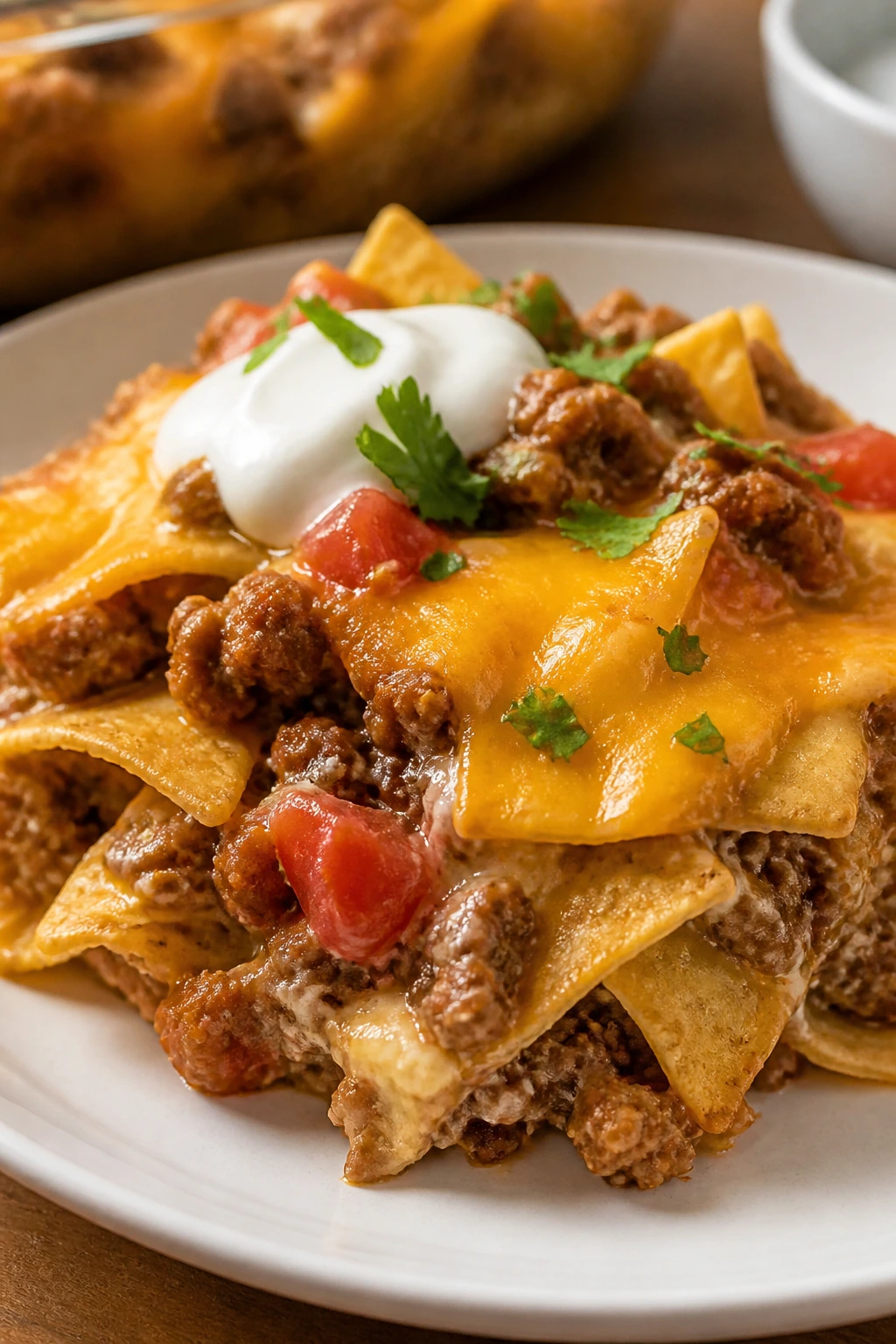 Close-up plate of taco nacho casserole