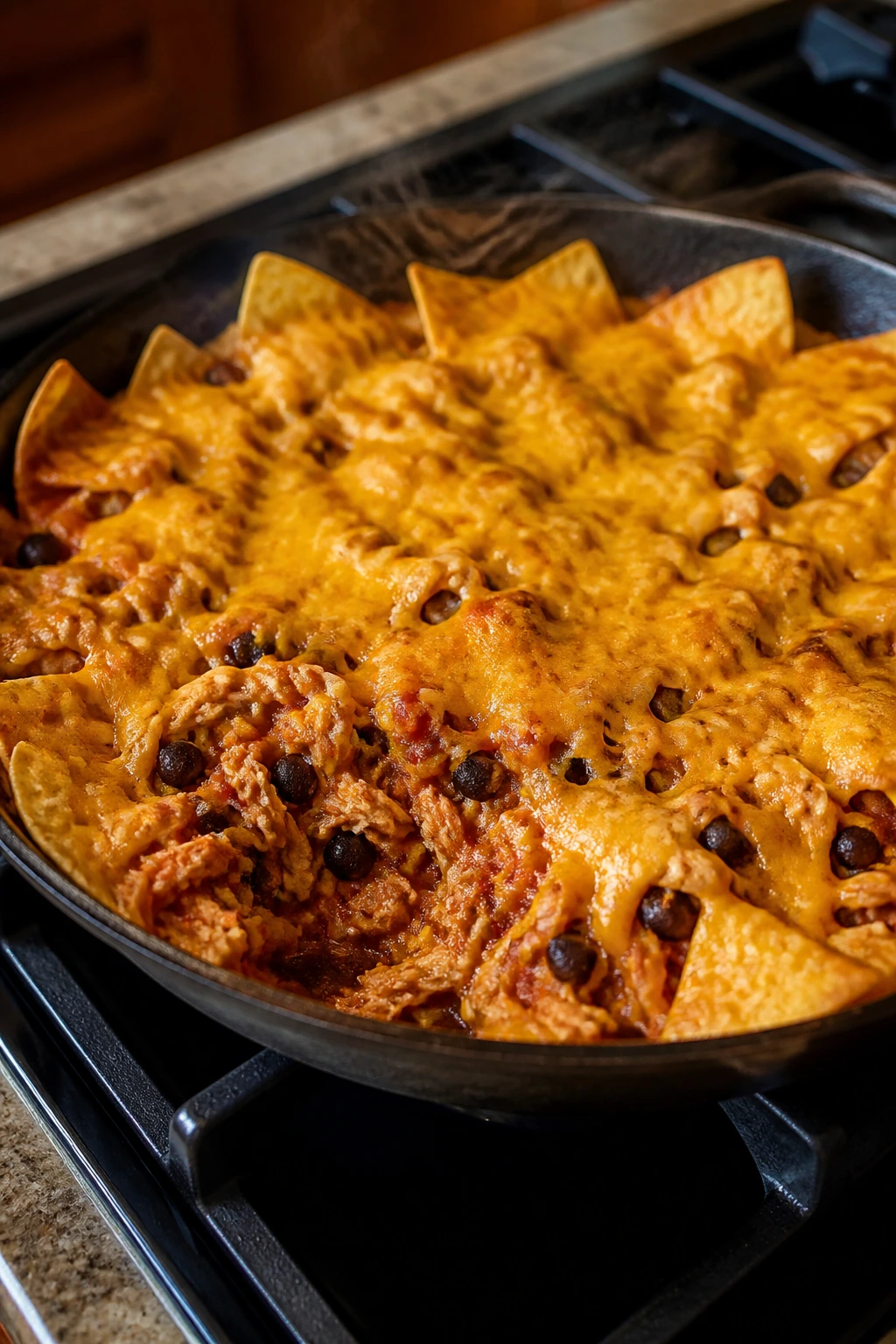 Nacho chicken skillet with beans salsa and cheese in a pan
