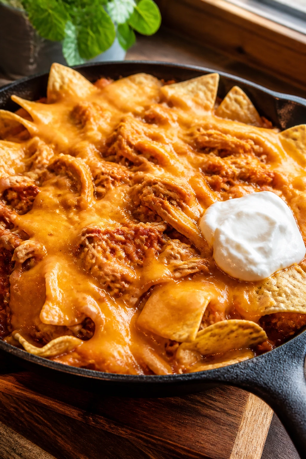 Close up of cheesy nacho chicken skillet with tortilla chips and sour cream in a warm kitchen