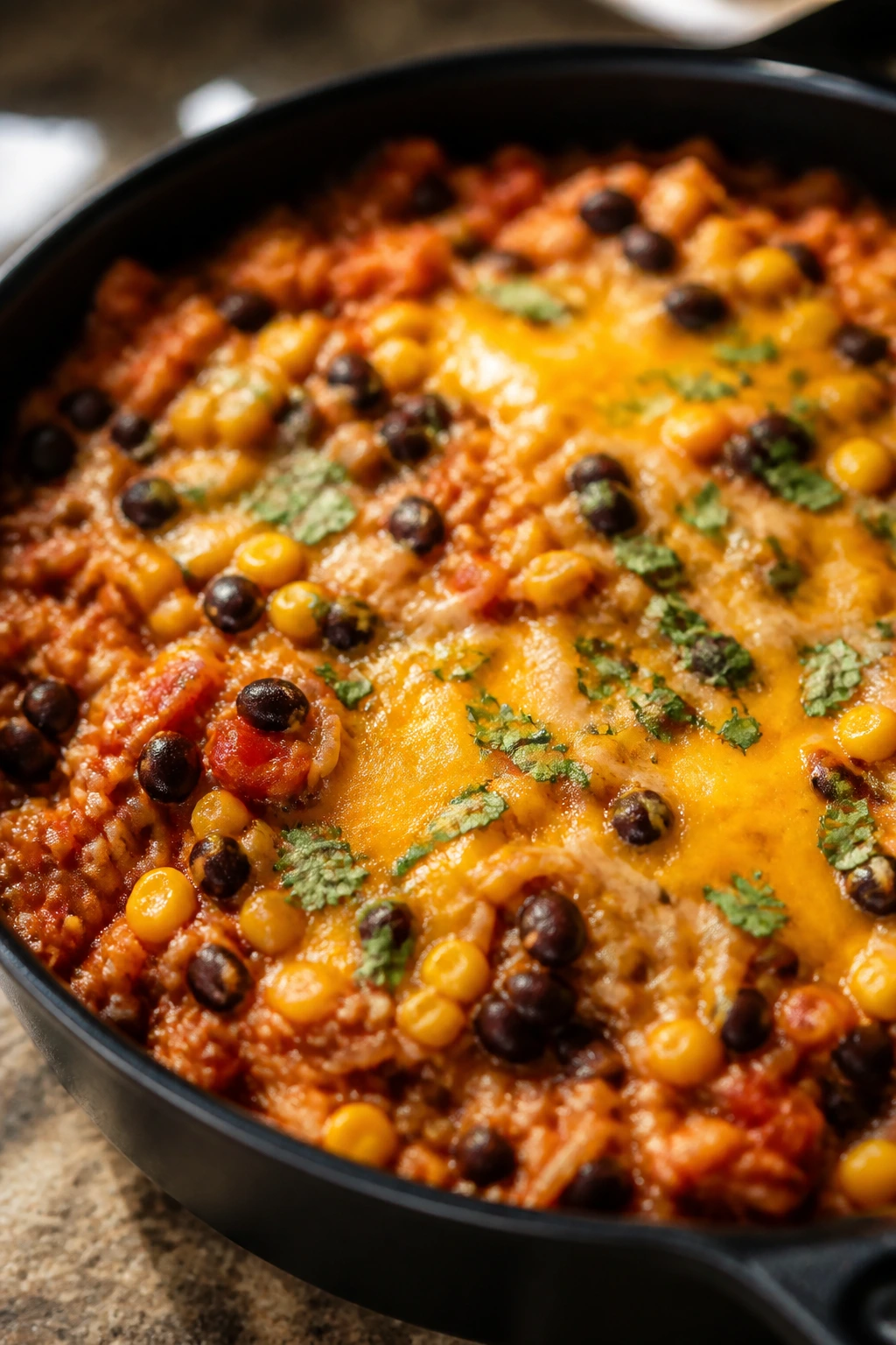 One-pot nacho rice in a skillet with cheese and beans