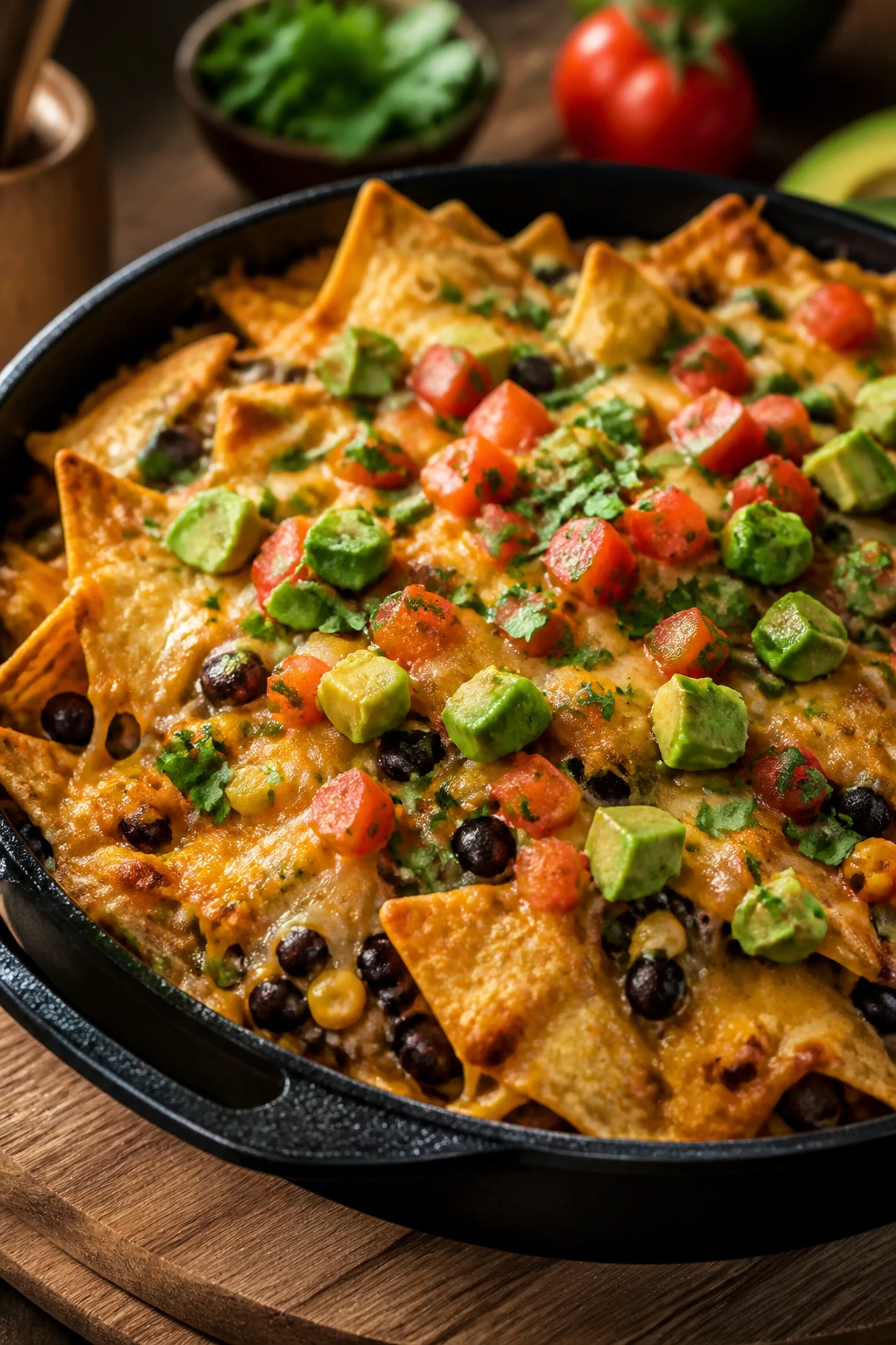 Bubbling loaded nacho skillet with beans and melted cheese
