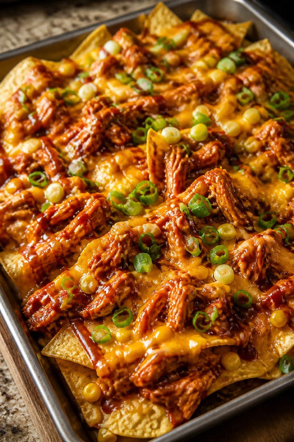 Close-up of BBQ chicken nachos with melted cheese on a sheet pan