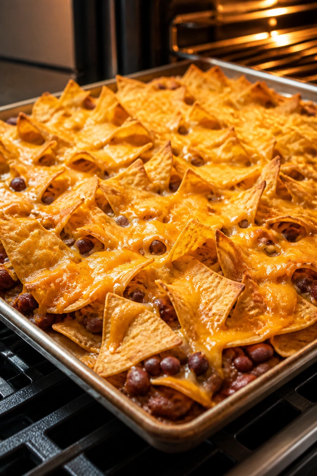 Tray of nachos with beans and melted cheese on a baking sheet
