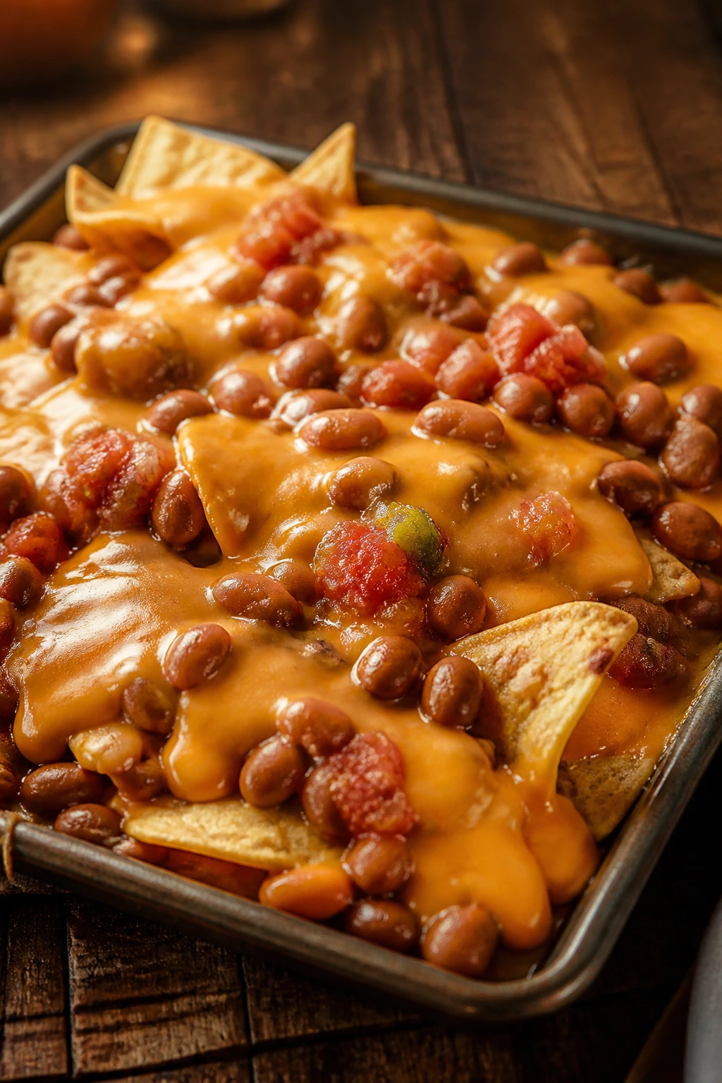 Close-up of loaded nachos with beans and melted cheese on a wooden table