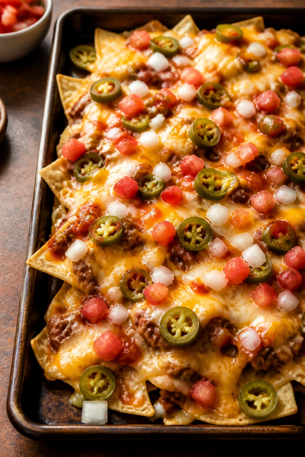 Close-up of bean and cheese nachos on a sheet pan in a warm kitchen