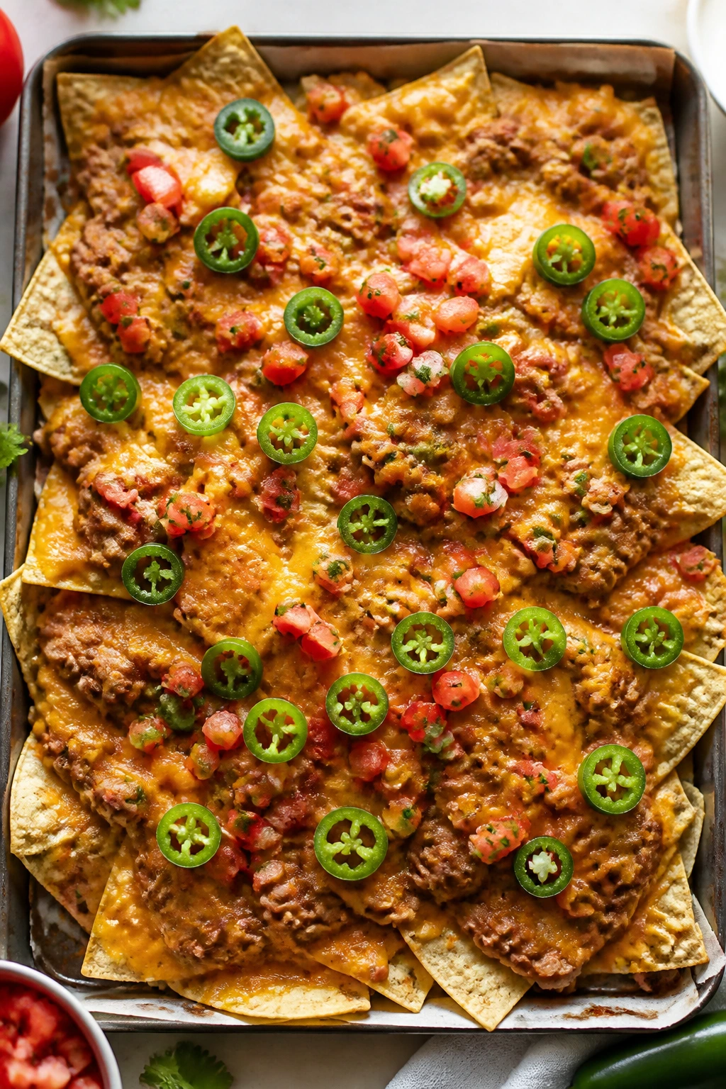 Nachos with beans and melted cheese on tray