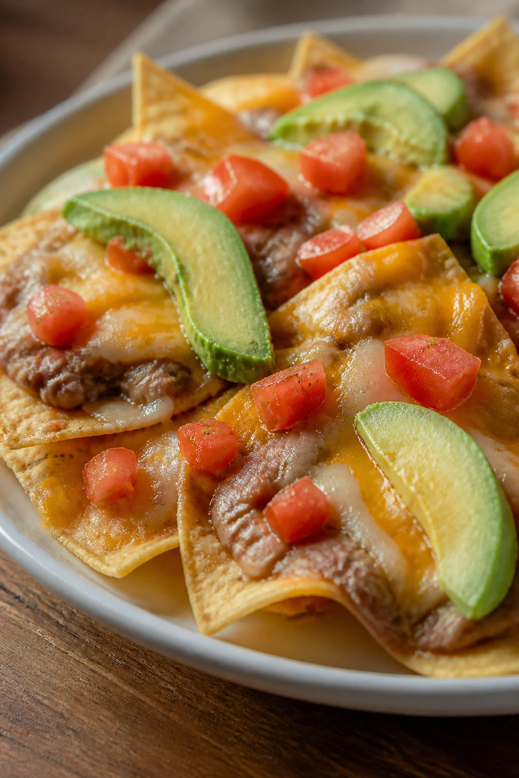 Nachos with beans and melted cheese on a plate with tomatoes and avocado