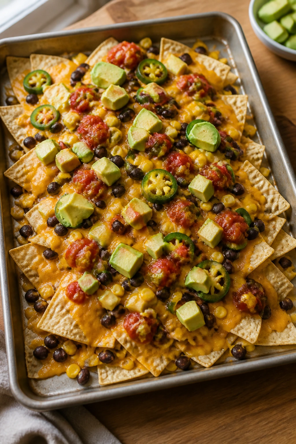 Close-up of sheet-pan nachos with beans, corn, and melted cheese in a home kitchen