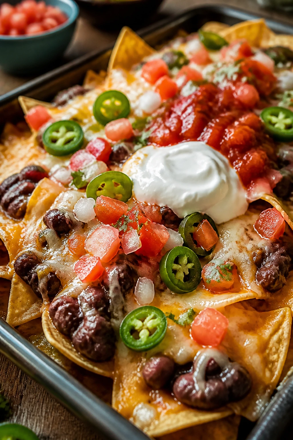 Close-up of loaded bean and cheese nachos on a sheet pan in warm kitchen light