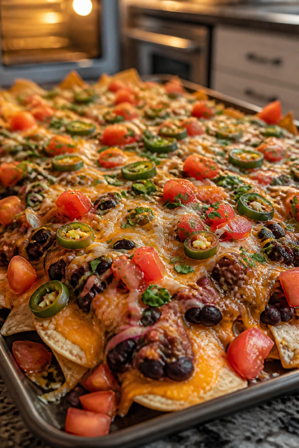 Nachos piled high with beans cheese tomatoes jalapeños on a sheet pan