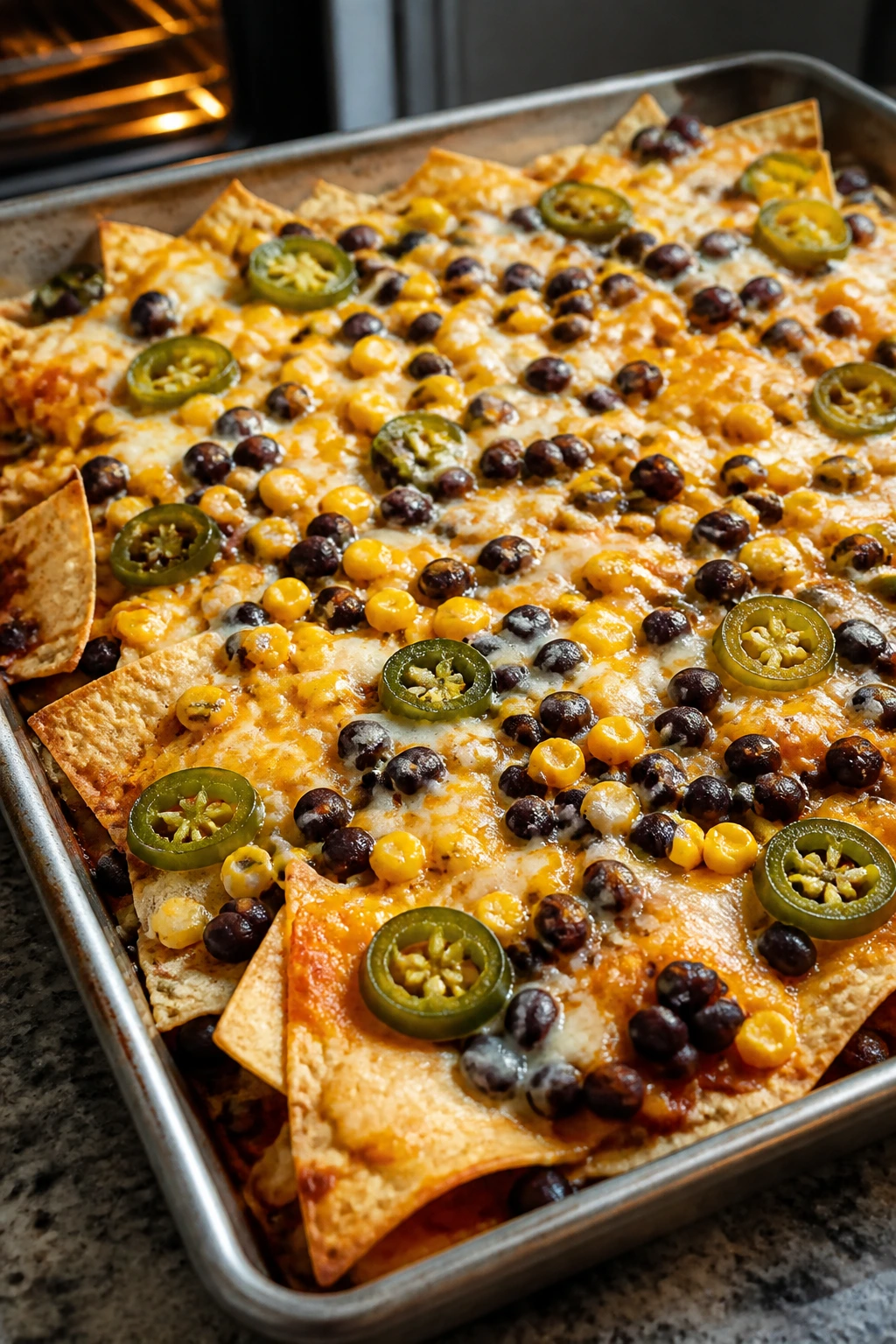 Sheet pan nachos with cheese, beans, and corn in a bright kitchen