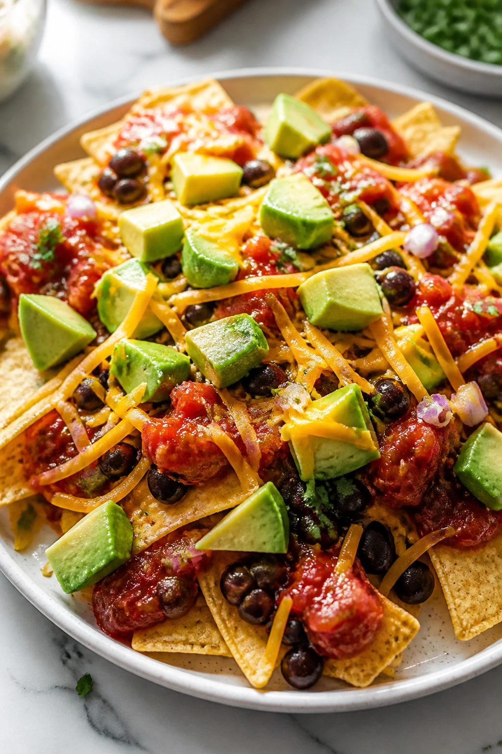 Nachos with beans, salsa, cheese and avocado on a plate