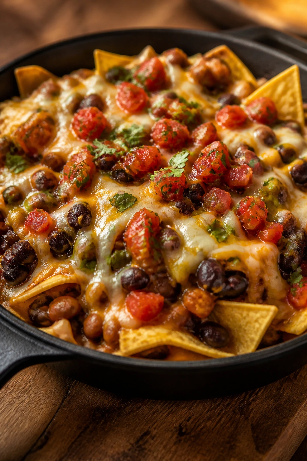 Skillet nachos piled with beans, cheese, and salsa