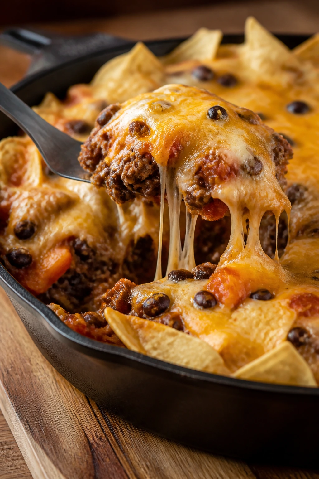 Skillet nachos with beef, beans and melted cheese