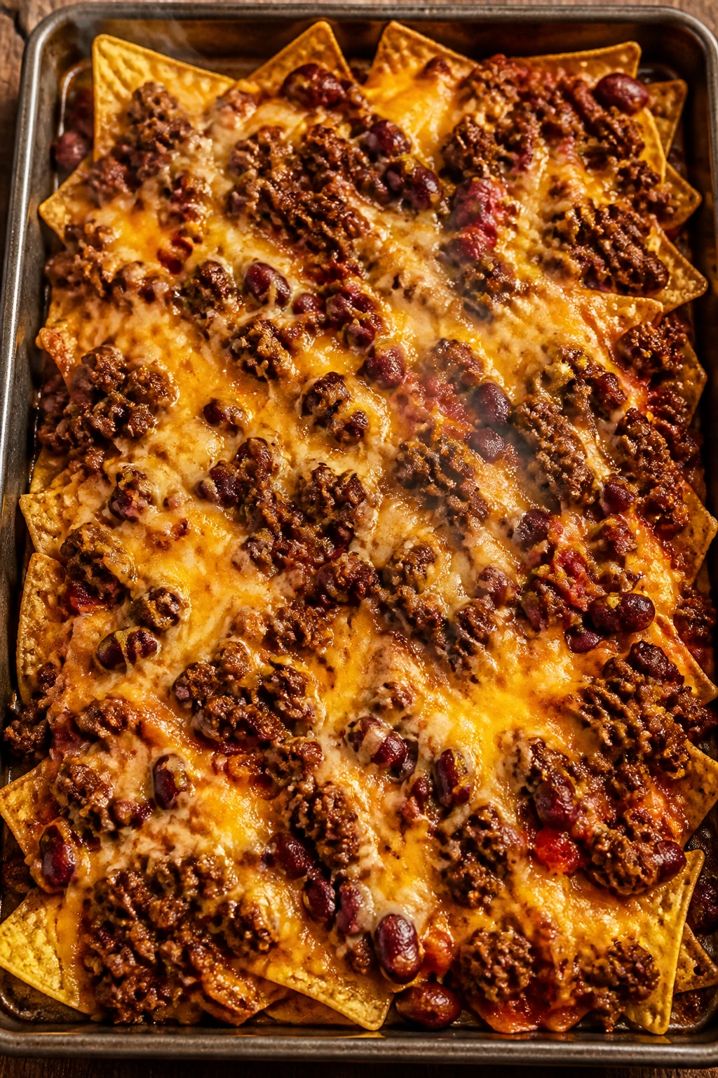 Top-down view of sheet pan nachos with beef, beans and melted cheese