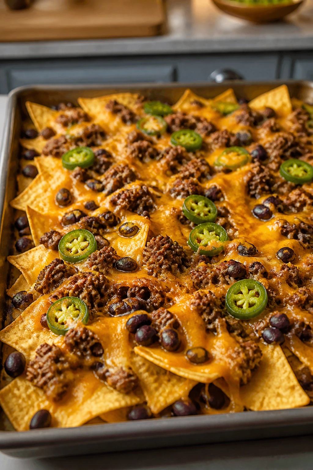 Layered nachos with beef, cheese, beans, and jalapeños on a sheet pan